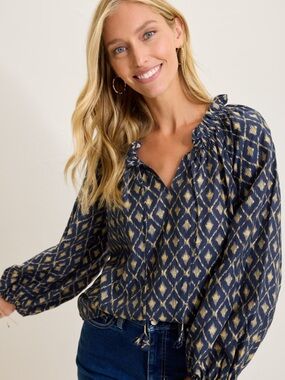 Tommy Bahama NWT Diamond Cay Smocked Peasant Top navy blue M
